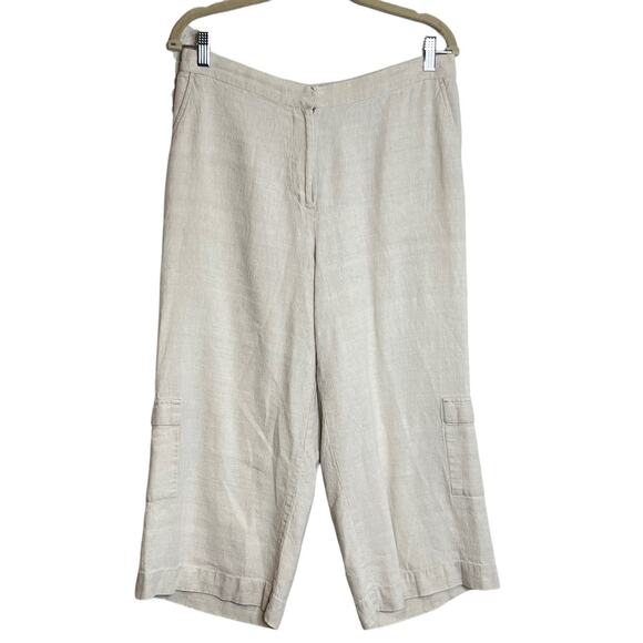 JM Collection Womens Cropped Linen Pants 12P Ivory Wide Leg Cargo Pockets - Picture 1 of 6